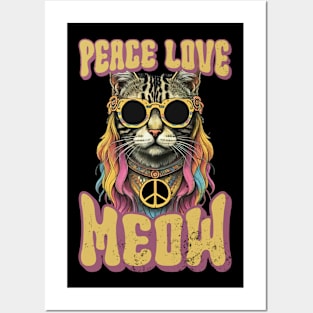 Peace Love Meow, Retro Groovy Style Hippie Cat Lover Design Posters and Art